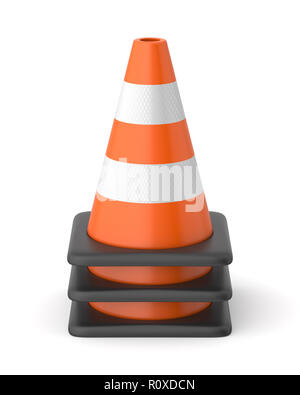 3d rendered stack of orange, black and white striped traffic cones on a white background. Stock Photo