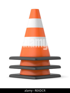 3d rendered stack of orange, black and white striped traffic cones on a white background. Stock Photo