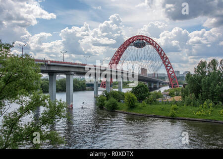 Zhivopisny Bridge the highest in Europe cable-stayed bridge over the Moscow river. Cloudy summer day. Moscow. Russia. Stock Photo