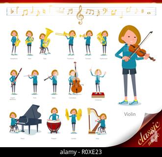 A set of women in sportswear on classical music performances.There are actions to play various instruments such as string instruments and wind instrum Stock Vector