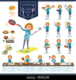 A set of women in sportswear about cooking.There are actions that are cooking in various ways in the kitchen.It's vector art so it's easy to edit. Stock Vector