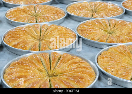 Delicious Turkish sweet, baklava with green pistachio nuts Stock Photo