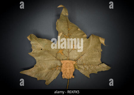 Baby Jesus Christ in the manger on a dry leaf isolated on black background. Christmas Nativity Scene figure. Stock Photo