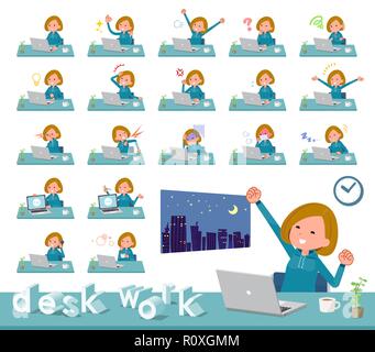 A set of women in sportswear on desk work.There are various actions such as feelings and fatigue.It's vector art so it's easy to edit. Stock Vector