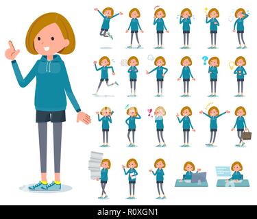 A set of women in sportswear with who express various emotions.There are actions related to workplaces and personal computers.It's vector art so it's  Stock Vector