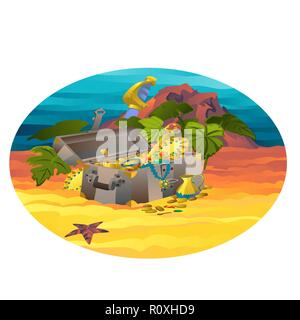 Oval poster with metal pirate chest and gold coins and jewels. Vector cartoon close-up illustration. Stock Vector