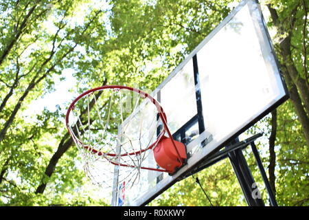 Upward shot of an outdoors basketball goal with trees in the background Stock Photo