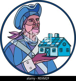 Mosaic style illustration of an American patriot holding up a residential house or home set inside circle on isolated background in color. Stock Vector