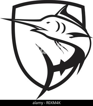 Retro style illustration of a blue marlin, billfish or sailfish jumping up set inside crest or shield on isolated background in black and white. Stock Vector