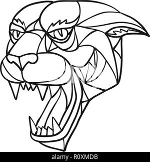 Mosaic low polygon style illustration of head of an aggressive and angry black panther, jaguar or cougar growling on isolated white background in Blac Stock Vector