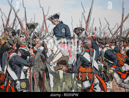 Digital improved reproduction, Seven Years' War, global conflict fought between 1756 and 1763, King Frederick the Great, Frederick II., Friedrich der GroÃŸe, Friedrich II. 1712 - 1786 an the regiment Wernburg Stock Photo