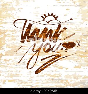 Thank you lettering on wooden background. Vector illustration drawn by hand. Stock Vector