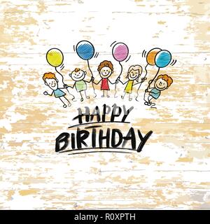 Happy birthday with kids on wooden background. Vector illustration drawn by hand. Stock Vector