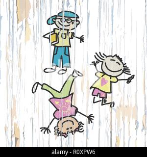 Three kids doodles drawing on wooden background. Vector illustration drawn by hand. Stock Vector