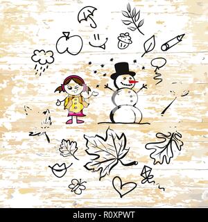 Autumn season doodles on wooden background. Vector illustration drawn by hand. Stock Vector