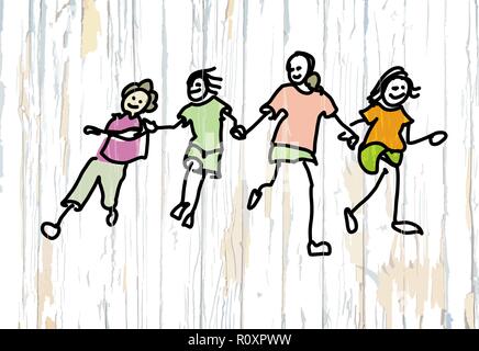 Four kids doodles on wooden background. Vector illustration drawn by hand. Stock Vector