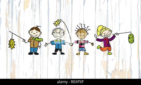 Kids with latern on wooden background. Vector illustration drawn by hand. Stock Vector