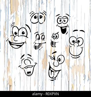 Smiling faces drawings on wooden background. Vector illustration drawn by hand. Stock Vector