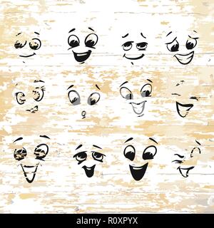 Laughing icons drawings on wooden background. Vector illustration drawn by hand. Stock Vector