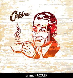 Vintage coffee men icon on wooden background. Vector illustration drawn by hand. Stock Vector