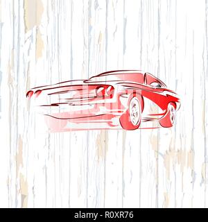 Vintage muscle car drawing on wooden background. Vector illustration drawn by hand. Stock Vector