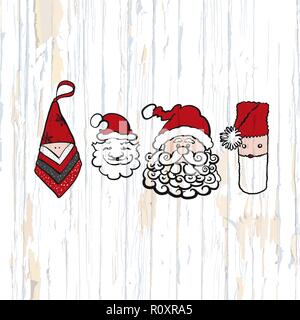 Santa claus sketches on wooden background. Vector illustration drawn by hand. Stock Vector