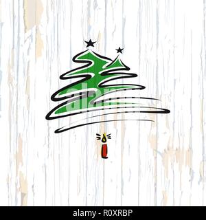 Christmas tree calligraphic sketch on wooden background. Vector illustration drawn by hand. Stock Vector