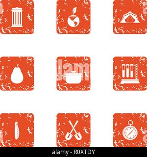 Campground icons set, grunge style Stock Vector