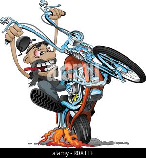 Crazy biker on an old school chopper motorcycle cartoon vector illustration Stock Vector
