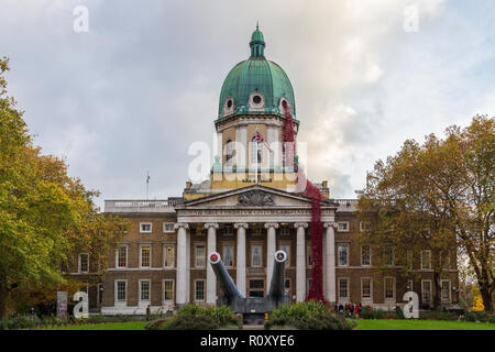 Weeping Window Poppies remembrance art installation, by artist Paul Cummins and designer Tom Piper, at Imperial War Museum Lambeth, London, UK. Stock Photo