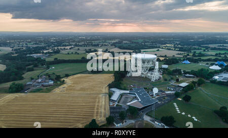 Aerial Shot Of Jodrell Bank Observatory Radio Telescope in Macclesfield Near Manchester in Cheshire Stock Photo