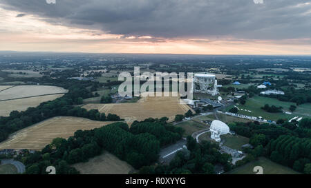 Aerial Shot Of Jodrell Bank Observatory Radio Telescope in Macclesfield Near Manchester in Cheshire Stock Photo