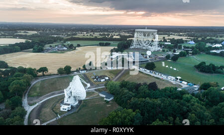 Aerial Shot Of Jodrell Bank Observatory Radio Telescope in Macclesfield Near Manchester in Cheshire Stock Photo