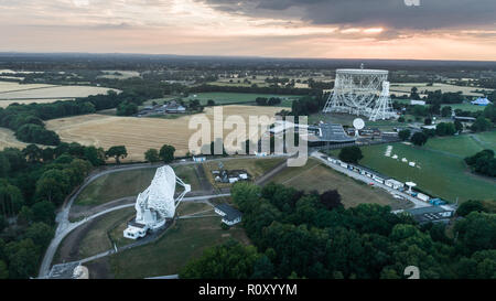 Aerial Shot Of Jodrell Bank Observatory Radio Telescope in Macclesfield Near Manchester in Cheshire Stock Photo