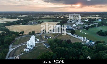 Aerial Shot Of Jodrell Bank Observatory Radio Telescope in Macclesfield Near Manchester in Cheshire Stock Photo