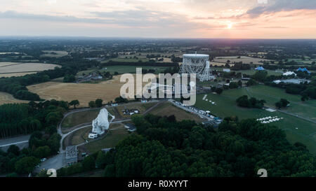 Aerial Shot Of Jodrell Bank Observatory Radio Telescope in Macclesfield Near Manchester in Cheshire Stock Photo