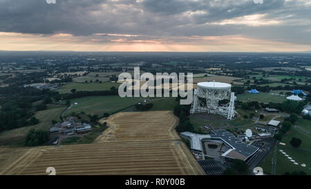 Aerial Shot Of Jodrell Bank Observatory Radio Telescope in Macclesfield Near Manchester in Cheshire Stock Photo