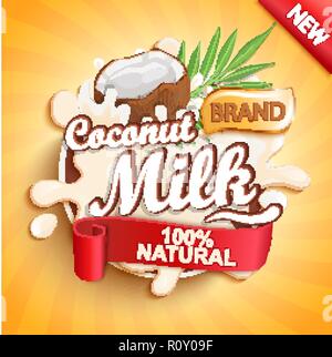 Coconut milk label splash on gold sunburst background. 100 percent natural, organic and fresh healthy drink. Perfect for your advertising and packaging cosmetics or dairy products. Vector illustration Stock Vector