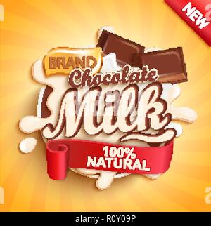 Chocolate milk label splash on gold sunburst background. Milky splashing with drops from falling pieces of delicious chocolate. Vector illustration for your design, packaging and advertising. Stock Vector