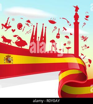 Spain Element on Flag with sky background Stock Vector