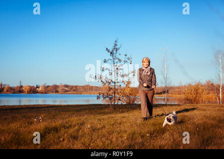 Master walking pug dog in autumn park by river. Happy woman enjoying time with pet.