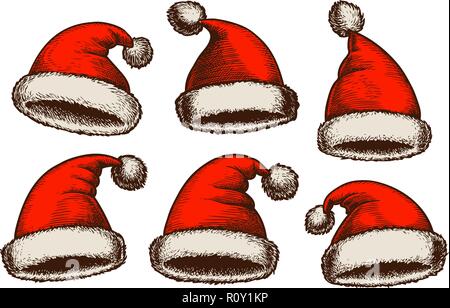 Santa Claus hat, vintage. Christmas sketch. Vector illustration Stock Vector