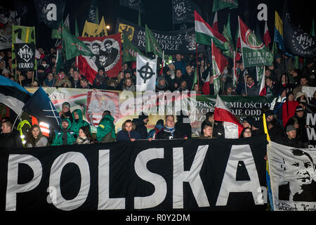 Polish and Hungarian nationalists seen with the White Power placard on the Independence Day during the protest. Last year about 60,000 people took part in the nationalist march marking Poland’s Independence Day, according to police figures. The march has taken place each year on November 11th for almost a decade, and has grown to draw tens of thousands of participants, including extremists from across the EU. Warsaw’s mayor Hanna Gronkiewicz-Waltz has banned the event. Organizers said they would appeal against the decision, insisting they would go ahead with the march anyway and raising the pr Stock Photo