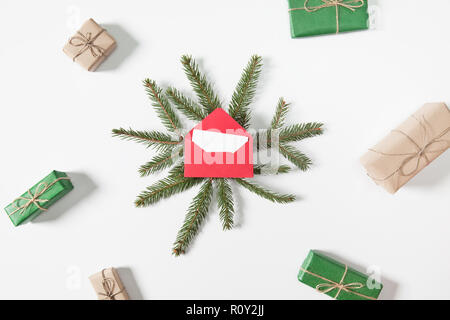 Christmas time. Presents and Christmas ornaments on white background. Modern style Stock Photo