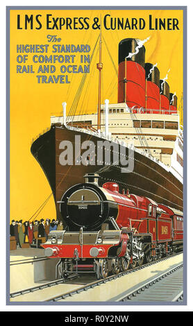 1920's Vintage LMS Express Railroad Cunard Line Ocean Cruise and Steam Train Locomotive Advertisement Vintage poster Rail and Ocean Travel Stock Photo