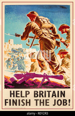 Vintage World War Two propaganda poster WW2 - 'Help Britain Finish The Job!' - featuring a dynamic artwork by the British artist Marcus Stone (1909-1991) showing British soldiers armed with bayonet rifle guns charging forward on a battlefield towards surrendering German soldiers standing in front of a tank with their arms held high, text below in bold black letters. Stock Photo