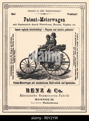 BENZ MOTORWAGEN Vintage historic advertisement 1886 for ‘The Patent-Motorwagen’ Carl Benz unveiled his Patent-Motorwagen, the world’s first motor car, in 1886. By 1894, a total of 25 had been built, with engine outputs varying between 1.5 and 3 horsepower (1.1-2.2 kW). The original Patent-Motorwagen was the Type I. It had steel-spoked wheels as well as further design details that took their cue from state-of-the-art bicycle manufacture at that time. Stock Photo
