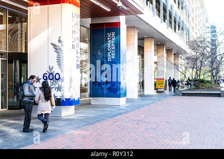 Washington DC, USA - March 9, 2018: Passport Application Agency Center in capital city of United States, signs for Diplomatic reception entrance, US D Stock Photo