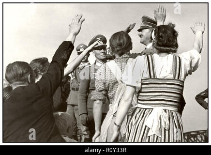 Adolf Hitler & Field Marshall Erwin Rommel, 'Volksdeutsche' image with German ecstatic crowds saluting their heroes with Heil Hitler ! Stock Photo