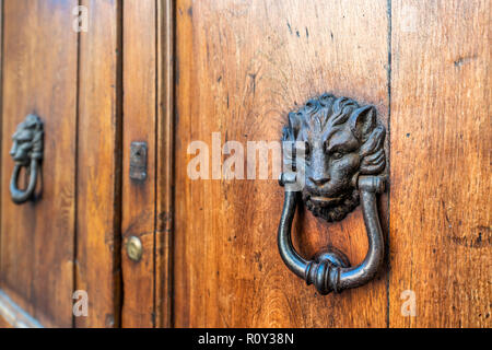 Two door lion head knockers, knobs with handles on wooden, brown door entrance of old, antique, medieval building in Perugia, Italy, Italian city Stock Photo